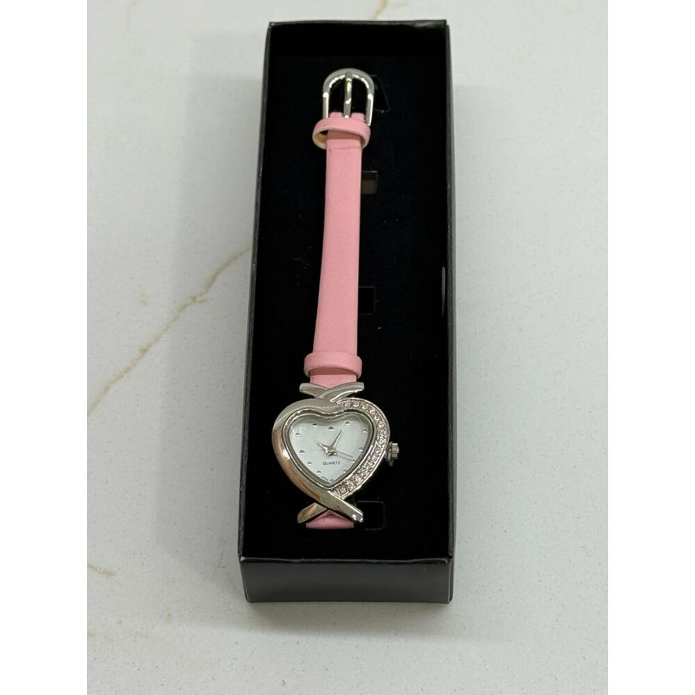 Avon Classic Heart Watch Pink Faux Leather Strap Rhinestone – New in Box